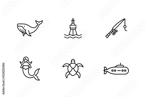 Sea inhabitants line icon set 