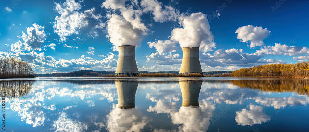 Naklejka premium Majestic nuclear power plant towers reflecting in the tranquil river under a beautiful blue sky