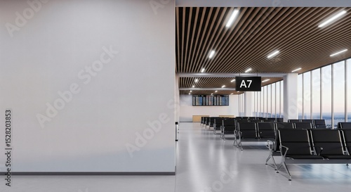 Fototapeta Naklejka Na Ścianę i Meble -   Blank wall mockup in modern airport terminal interior with clean seating layout and bright space for creative poster or display concept template. 3D Rendering 