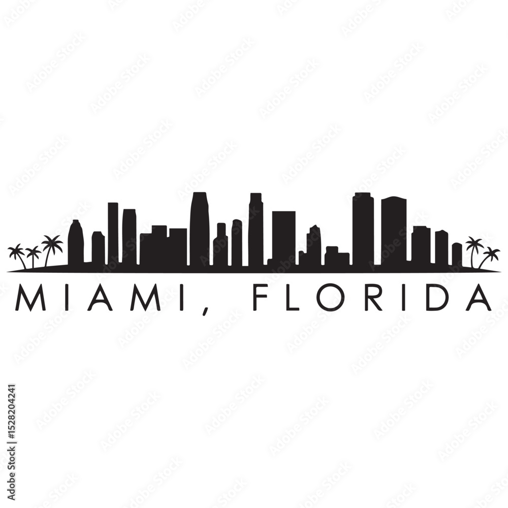 Fototapeta premium Miami skyline horizontal banner. Miami, Florida. Vector template for your design. Vector black silhouette. with white background