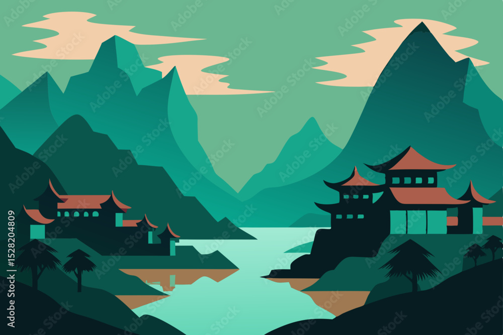 Fototapeta premium Vector illustration of a majestic castle on a misty mountain peak, overlooking a serene landscape at sunrise