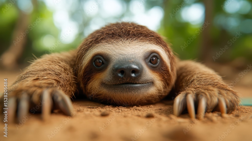 Obraz premium An adorable close-up of a smiling sloth lying on the ground, blending into its lush green environment, radiating charm and tranquility, like a gentle reminder to slow down and enjoy life.