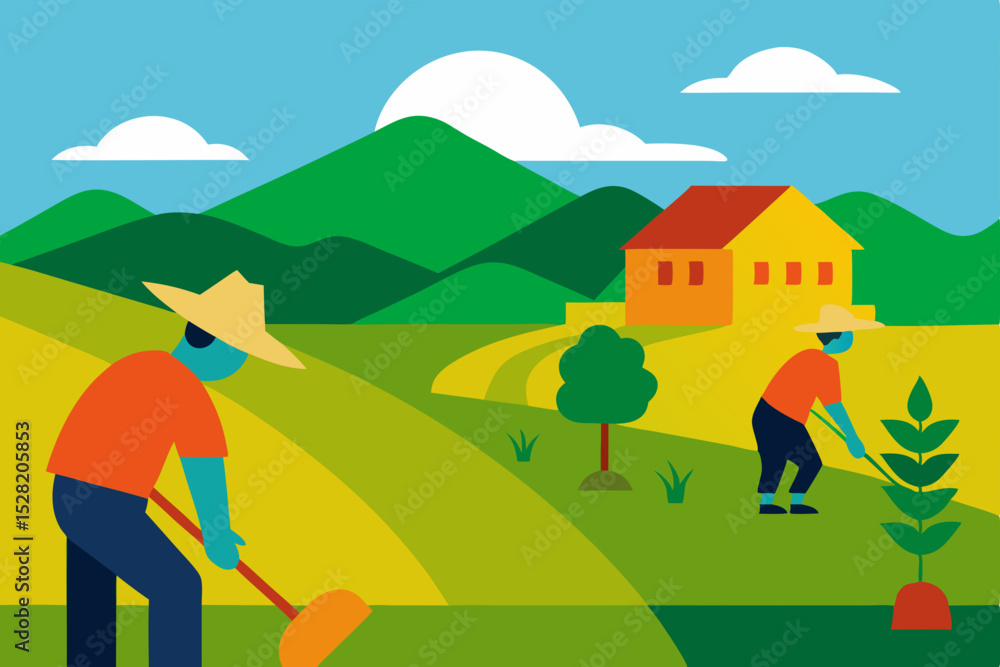 Cartoon vector landscape illustration of a summer village with houses, green trees, mountains, fields, and a sunny sky
Cartoon vector landscape illustration of a summer village with houses, green trees, mountains, fields, and a sunny sky