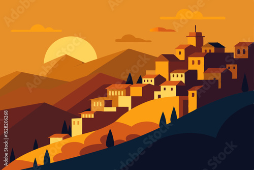 Orange sky sunset over the city landscape with building silhouette and church