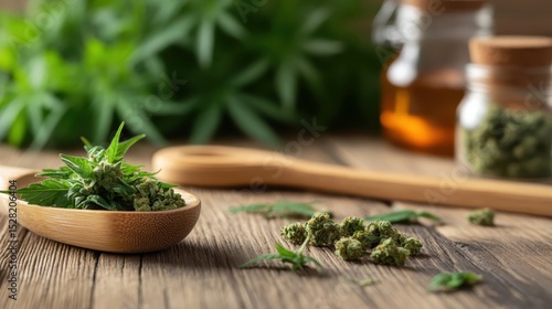 This detailed image features cannabis plants and products arranged artistically on a rustic wooden table, showcasing the natural beauty and versatility of hemp in various forms.