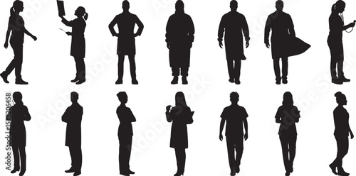 Diverse Healthcare Professionals Silhouettes Collection featuring Doctors Nurses and Medical Staff in various poses for design projects