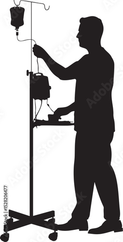 Silhouette of a healthcare professional adjusting an IV drip stand for patient care