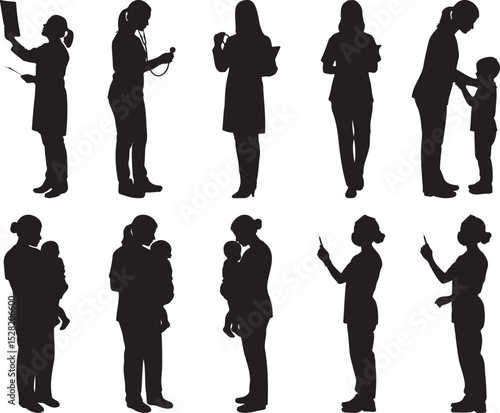 Diverse Female Doctors and Nurses Silhouettes Providing Pediatric Care Child Healthcare Professionals