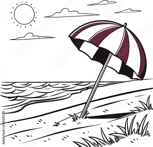 Relax under a colorful beach umbrella and chair on the sand, gazing at the summer sky and tranquil ocean