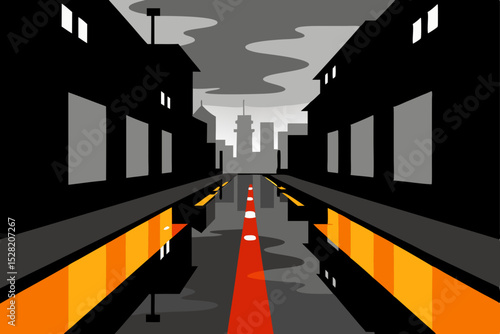 Urban highway illustration with streetlights and city buildings at night, guiding traffic through the bustling town