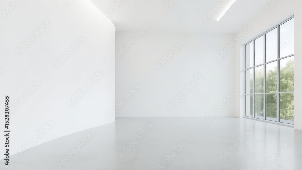 Bright and minimalist architecture with a rounded white wall and expansive window flooding the space with natural light Bright and minimalist architecture with a rounded white wall and expansive window flooding the space with natural light