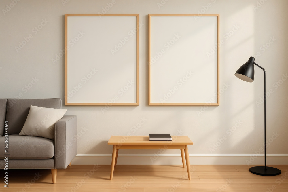 Fototapeta premium Sunlit Minimalist Living Room with Two Poster Frames