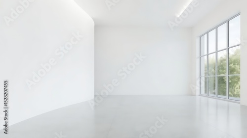 Bright and minimalist architecture with a rounded white wall and expansive window flooding the space with natural light