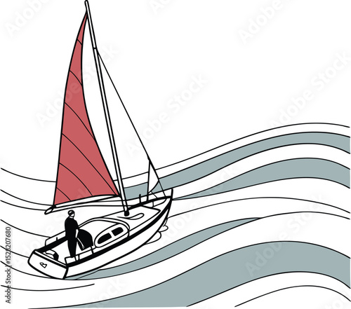 Vector illustration of a sailing yacht on the sea, wind in its sails, ready for summer travel or a nautical sport regatta