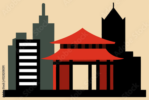 Urban Harmony: A fusion of cultures, a traditional Asian pagoda finds its place amidst a modern cityscape, creating a captivating blend of old and new. 