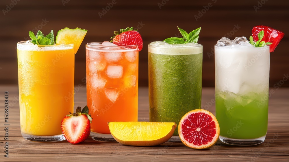 Refreshing Summer Drinks with Fruits and Herbs in Stylish Glasses on a Wooden Table Refreshing Summer Drinks with Fruits and Herbs in Stylish Glasses on a Wooden Table