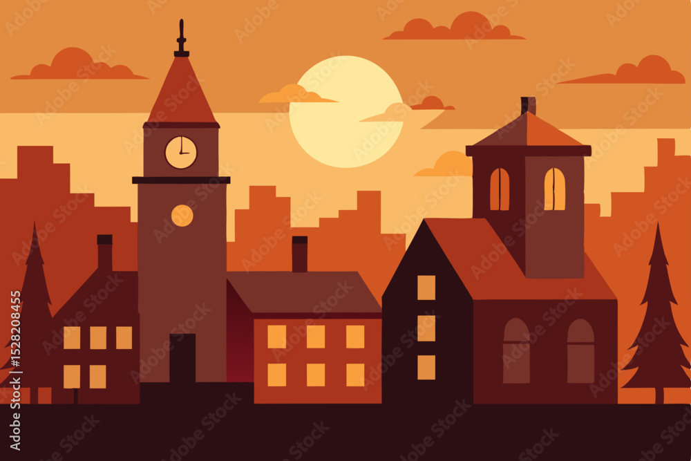 Fototapeta premium City sunset vector illustration with urban buildings, homes, and trees silhouetted against the night sky