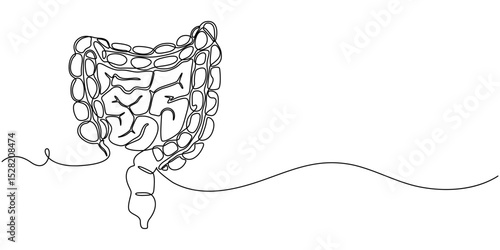 Continuous Line Drawing of Intestines Icon. Hand Drawn Symbol Vector Illustration, Surgery to remove part of the intestine and create a stoma. Saving a person's life. Ostomy Awareness Day.