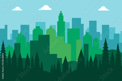Green urban skyline silhouette with soaring skyscrapers and modern architecture