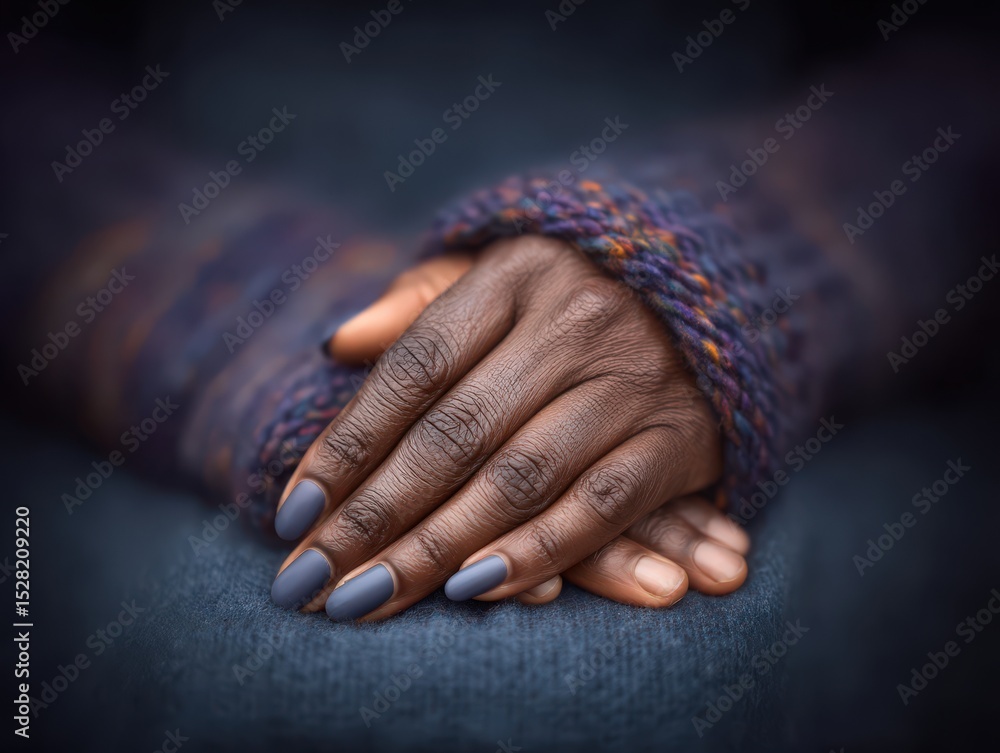 Fototapeta premium Intricately manicured hands resting on a cozy knitted sweater showcasing a blend of contrasting textures with muted nail polish creating a grounding sense of elegance and warmth