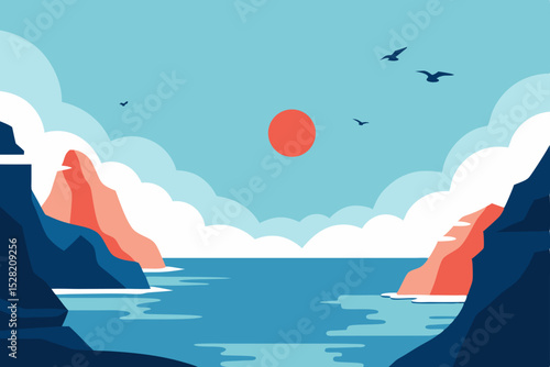 A vibrant vector illustration of an island in the ocean under a summer sky with a lone boat and gentle waves