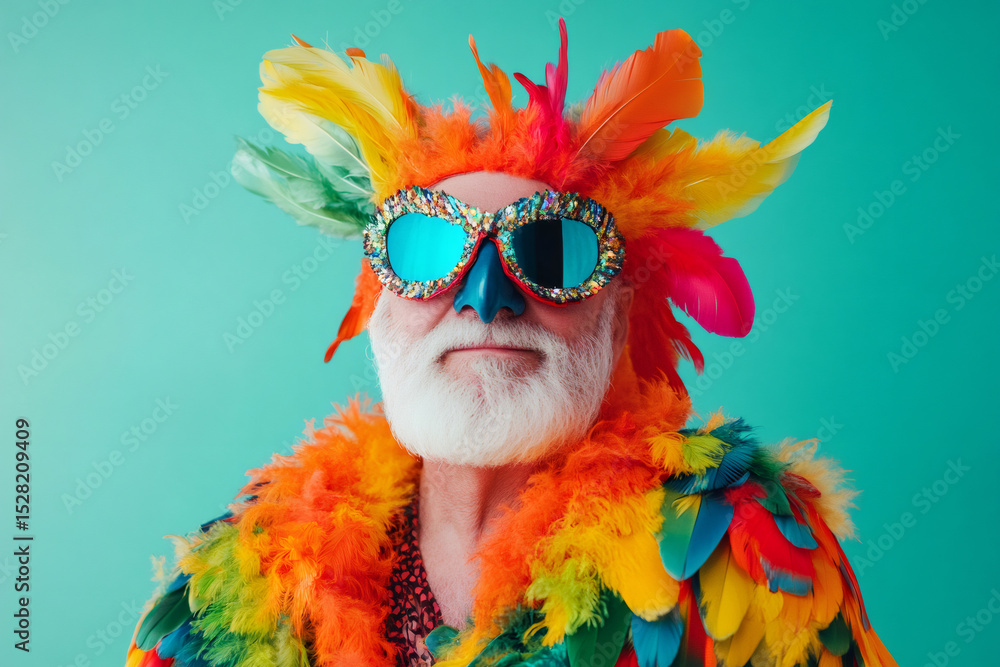 Fototapeta premium Cool grandpa wearing funny parrot costume posing for a colorful and eccentric portrait on vibrant turquoise background