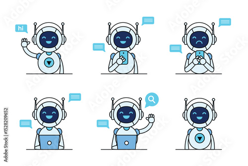 Collection of Cute Robot Illustrations AI Chatbot Characters in Various Poses, Cute Robot Illustrations AI Chatbot Characters for Websites and Apps