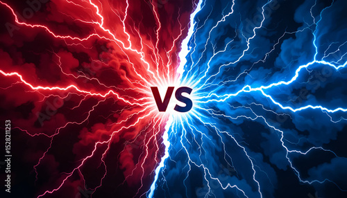 Intense red and blue lightning bolts collide in explosive versus banner, symbolizing epic competition, match battle, and head-to-head showdown energy.