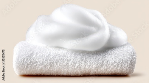 Luxurious whipped foam resting elegantly on a fluffy white towel against a soft neutral backdrop capturing the essence of relaxation and self-care in a personal wellness routine