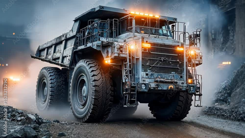 Massive mining truck in a dramatic industrial landscape, headlights on and dust rising around Massive mining truck in a dramatic industrial landscape, headlights on and dust rising around