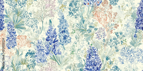 Elegant Watercolor Lupine Floral Seamless Pattern. Delicate Botanical Wildflower Nature Design trendy design, textile, packaging, fabric, wallpaper, branding, stationery, wrapping paper interior decor