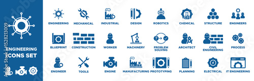 engineering icons, engineering, blueprint, engineer, tools, construction, mechanical, industrial, worker, engine, manufacturing, machinery, design, robotics. Solid icon collection. Vector illustration