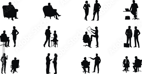 Silhouettes of Business People Sitting, Talking, Presenting in Office Environment, Vector Illustration for Meeting, Collaboration, Discussion, Workplace Concept