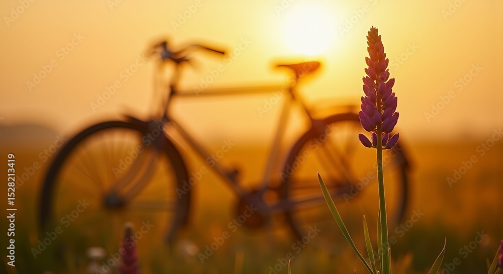 Naklejka premium Bicycle with sunset in field and lavender flowers in foreground 