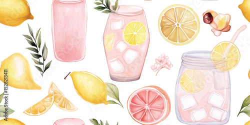 Refreshing Watercolor Pink Lemonade Seamless Pattern. Cool Summer Drink Citrus Design for trendy design, textile, packaging, fabric, wallpaper, branding, stationery, wrapping paper interior decor.