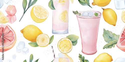 Refreshing Watercolor Pink Lemonade Seamless Pattern. Cool Summer Drink Citrus Design for trendy design, textile, packaging, fabric, wallpaper, branding, stationery, wrapping paper interior decor.