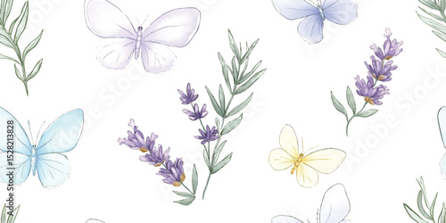 Enchanting Watercolor Lavender Butterfly Seamless Pattern. Delicate Botanical Nature Design trendy design, textile, packaging, fabric, wallpaper, branding, stationery, wrapping paper interior decor