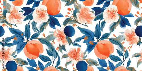Elegant Watercolor Peach Floral Seamless Pattern. Vintage Botanical Fruit Nature Design for trendy design, textile, packaging, fabric, wallpaper, branding, stationery, wrapping paper interior decor.