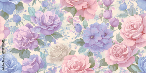 Romantic Pastel Floral Seamless Pattern. Elegant Garden Rose Blossom Design for trendy design, textile, packaging, fabric, wallpaper, branding, stationery, wrapping paper interior decor.