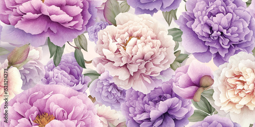 Luxurious Watercolor Peony Floral Seamless Pattern. Elegant Bloom Botanical Design for trendy design, textile, packaging, fabric, wallpaper, branding, stationery, wrapping paper interior decor.