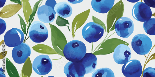 Vibrant Watercolor Blueberry Fruit Seamless Pattern. Fresh Healthy Summer Food Design for trendy design, textile, packaging, fabric, wallpaper, branding, stationery, wrapping paper interior decor.