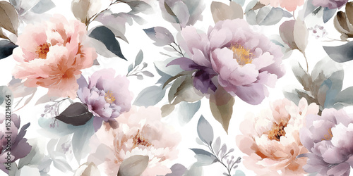 Watercolor Lavender Peony Floral Seamless Pattern. Elegant Bloom Botanical Design for trendy design, textile, packaging, fabric, wallpaper, branding, stationery, wrapping paper interior decor.