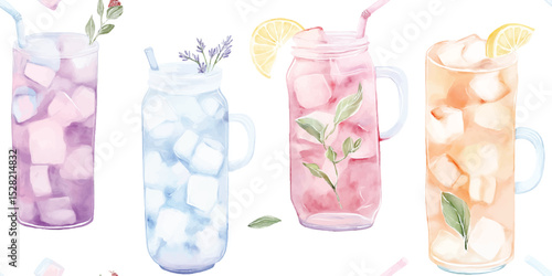 Refreshing Watercolor Summer Drinks Seamless Pattern. Colorful Ice Tea Lemonade Cocktail trendy design, textile, packaging, fabric, wallpaper, branding, stationery, wrapping paper interior decor.