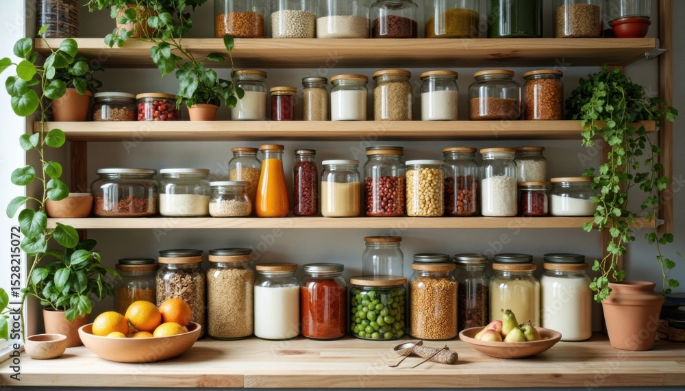 Organized pantry shelves displaying diverse ingredients in glass jars and fresh produce bowls. Organized pantry shelves displaying diverse ingredients in glass jars and fresh produce bowls.