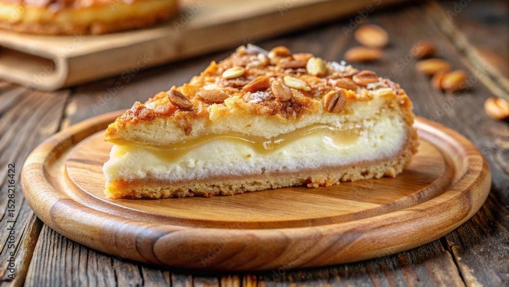 Bienenstich (bee sting cake) is a German pastry with sweet cream and almond topping. Bienenstich (bee sting cake) is a German pastry with sweet cream and almond topping.