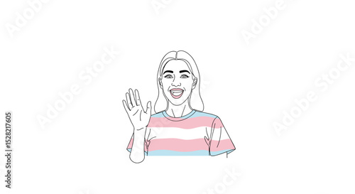 Transgender woman waving hello with a cheerful smile in a colorful shirt
