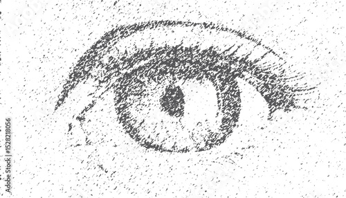 Scared eye, collage element with vintage stipple photocopy effect, with retro grainy texture. monochrome distress halftone vector vintage texture.