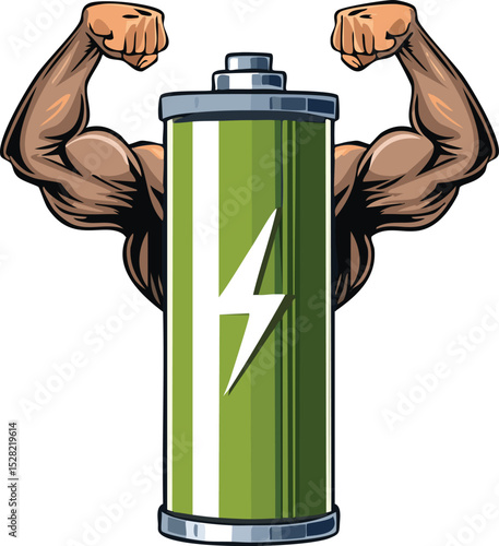 Battery Charging with Flexing Muscles – Power and Strength Concept Illustration
