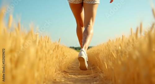 Young woman walking barefoot on path through golden wheat field  