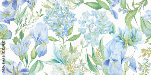 Elegant Blue Floral iris Hyacinth Seamless Pattern. Delicate Botanical Spring Bloom Design for trendy design, textile, packaging, fabric, wallpaper, branding, stationery, wrapping paper interior decor
